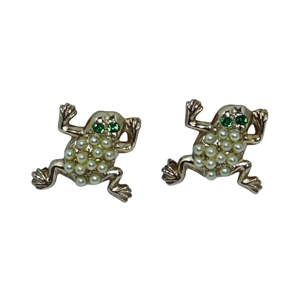 Vintage Gold Tone & Faux Pearl Frog Pins With Green Rhinestone Eyes (5645) - Picture 1 of 6